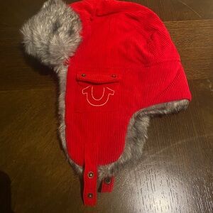 Red Trapper Hats with Faux Fur Trim